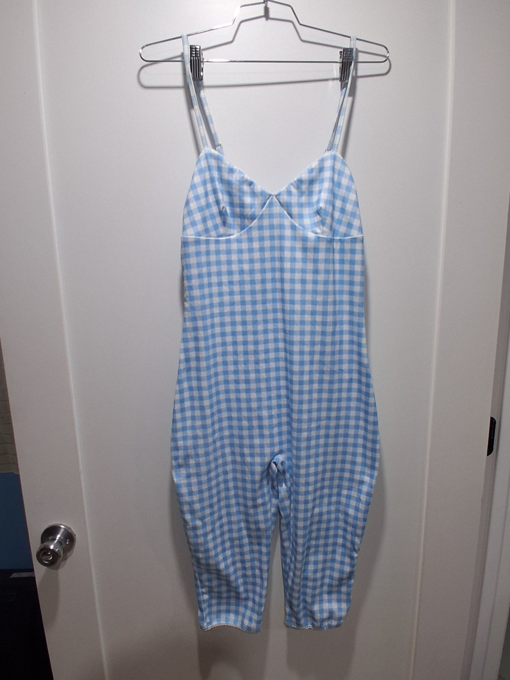 SHEIN Blue Gingham One-Piece Romper Stretch M